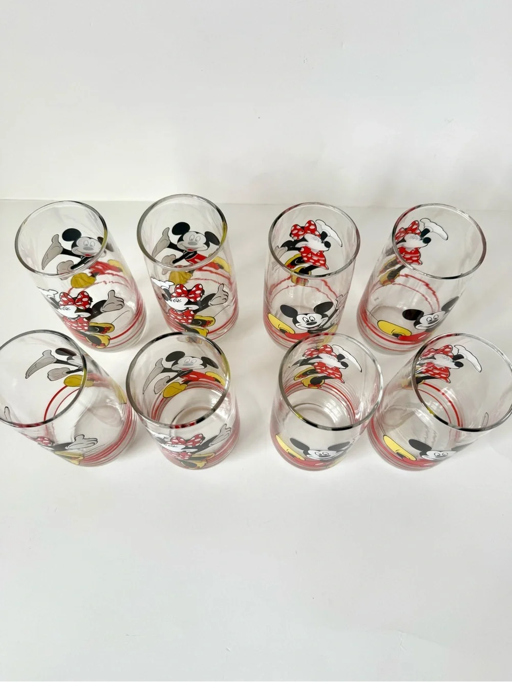 Vintage DISNEY Anchor Mickey & Minnie Retro Cartoon Glass Set of 8